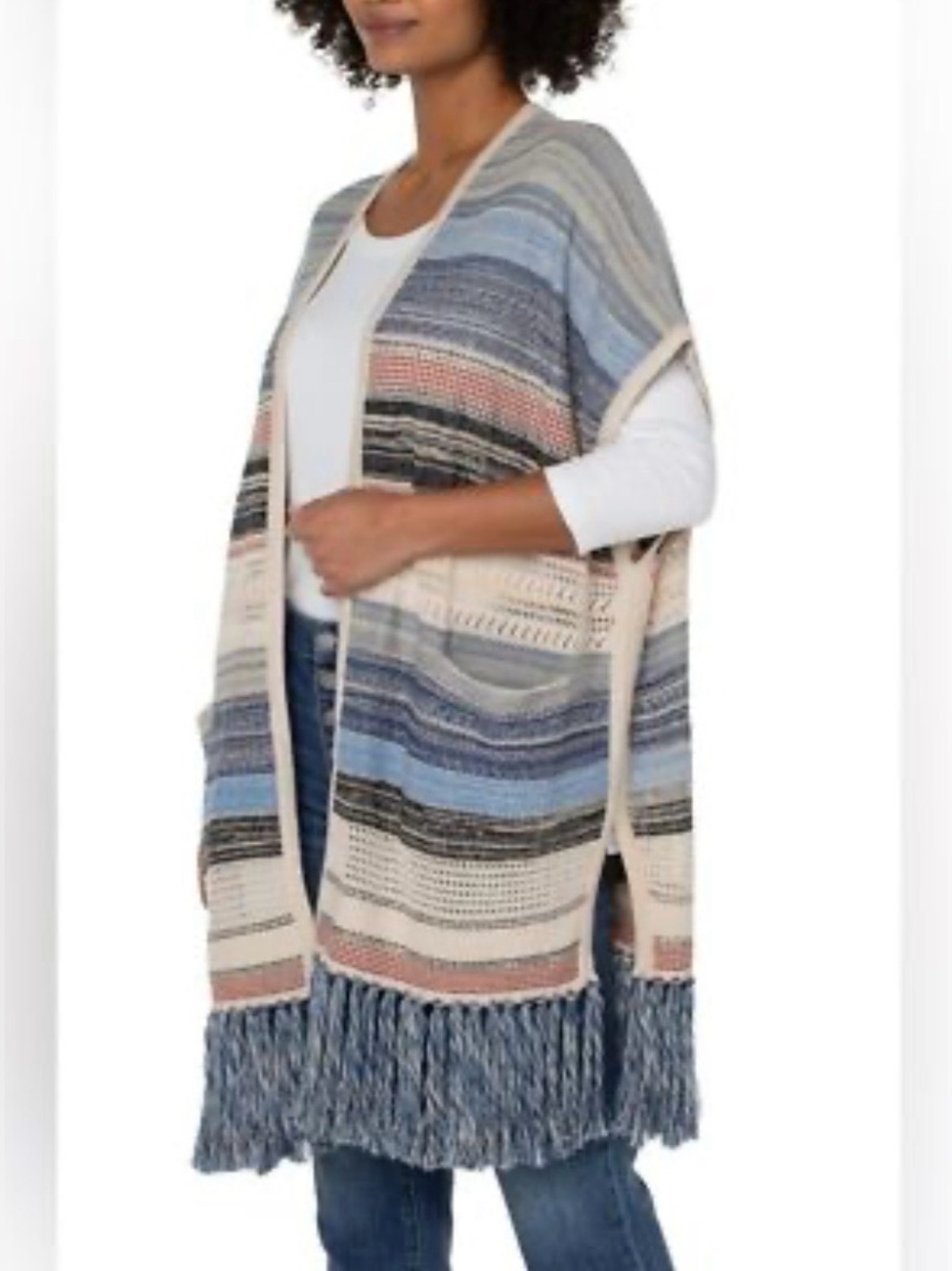 NWT Liverpool Los Angeles Blue and Cream Stripe Boho Open Cardigan with Fringe